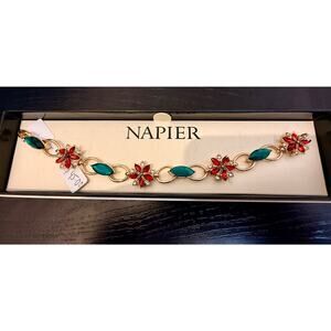 Authentic Napier Red & Teal Rhinestone Floral Link Bracelet NIB